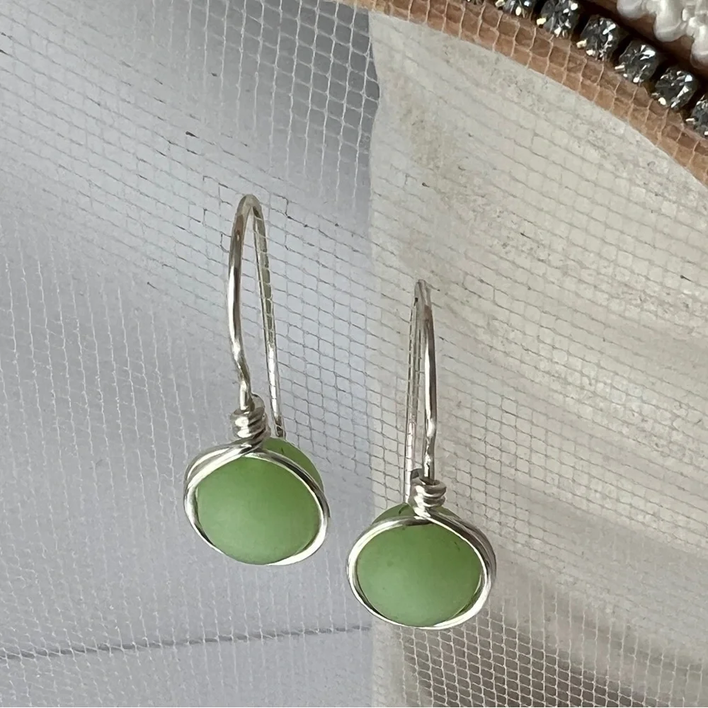 Green Sea Glass Minimalist Wire Wrapped Earrings